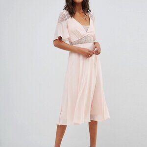 ASOS Lace Insert Flutter Sleeve Midi Dress - Nude / US 4